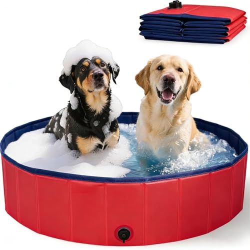 Foldable Dog Paddling Pool, 120x30cm Dog Swimming Pool, Collapsible Dog Bath Tub, Non-Slip Thickened Pet Water Tub, Outdoor Backyard Garden Bath Pool Red for Medium Large Dogs/Pets