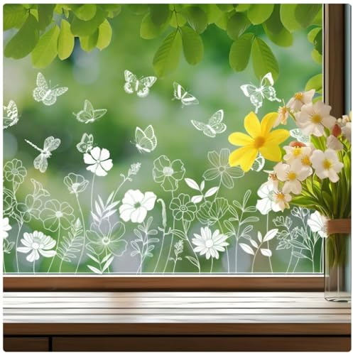 Vetrofanie Primavera Adesivi per Finestre Fiori e Farfalle Decorative, Pellicola per Vetri Finestre Riutilizzabili Statiche a Doppia Faccia, Decorazioni Primavera Casa Anti-Collisione