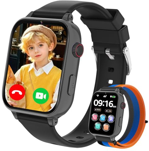Smartwatch für Kinder mit 4G Videoanruf, Voice Chat, Anruffunktion, Schulmodus, GPS, Spiele, Wecker, 2x Uhrarmband‌, Telefonuhr Uhr Kinder Geschenk für Mädchen Jungen 4-12 Jahren (Schwarz-A5)