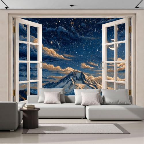 Carta Da Parati Fotomurale Xxl Vista Cielo Stellato Montagna Innevata 200X140Cm, Poster Murale Fotografica 3D In Tessuto Non Tessuto Spettacolare Nuvole Di Grande Per Tv Corridoio Soggiorno, Blu Scuro