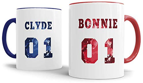 Tassendruck Pärchen-Tassenset für Sie & Ihn Bonnie & Clyde Mehrfarbig Geschenk/Partner/Liebe/Love/Beziehung/Paare/Beste Qualität - 25 Jahre Erfahrung