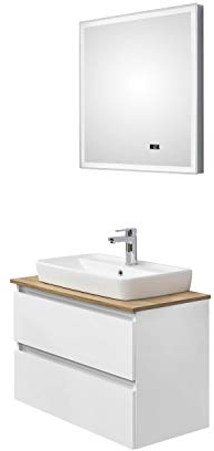 Pelipal - BALU 11 - Badmöbel-Set 75 cm - Keramik-Aufsatzwaschbecken - Badset, Komplettset, 3-teilig mit LED Spiegel usw. in weiß Glanz/Riviera Eiche quer