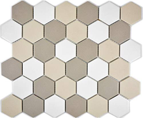 Piastrelle a mosaico, in ceramica, piastrelle esagone, bianco, beige chiaro, grigio chiaro non smaltato.