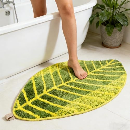Blattförmige Grüne Badezimmermatte, TPR Rutschfeste Badvorleger, 45x75 cm | Weiche Saugstarke Badematte für Badezimmer, Badewannenrand, Duschausgang, Toilette, Waschbecken und Schlafzimmer‑Bettkante