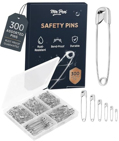 Mr. Pen 300 Pack Safety Pins, Assorted 5 Different Sized, Nickel Plated Steel, Rust Resistant, Small & Large Sizes, Bulk, for Clothes, Crafts, Pinning, Sewing, Art