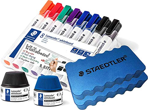 STAEDTLER Lumocolor Whiteboard-Marker Keilspitze ca. 2 oder 5 mm Linienbreite, Set mit 8 Markern + Nachfüllstationen schwarz und blau + 2 Löscher Eco Pack