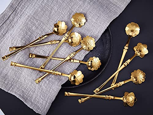 10 Pcs Flower Spoon Coffee Teaspoon Set, Stainless Steel Tableware Creative Sugar Spoon Coffee Spoon Teaspoon Ice-Cream Spoon Mixing Spoon Stir Bar Spoon Ice Tea Spoon, 5 Different Patterns (Gold)