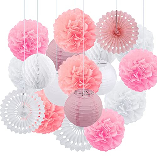 Lampions Pom Poms Wabenbälle, Papier Dekoration Set 12 Stück papier Pom Poms und 6 Stück Papierlaternen mit 3 Stück Wabenkugeln für Hochzeit Geburtstag Festival Party Dekorationen