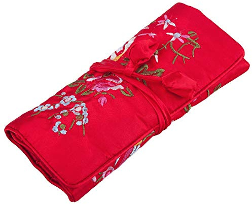 KYEYGWO Schmuckrolle mit Blumen-Vogel-Stickerei, Reise Schmuck Organizer | Chinesischer Stil Faltbare Tragbare Rollenbeutel, zum aufrollen weich, für Halsketten Ring Armband Aufbewahrung Tasche