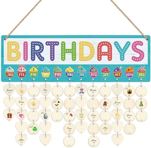 CHDITB Simpatico calendario per promemoria di compleanno (40.6x12.7 cm), citazioni ispiratrici, targa in legno da appendere alla parete con 100 etichette a forma di cuore/cerchio