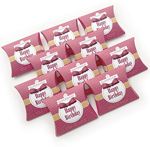 Glückslicht in der Geschenkbox mit der ausgestanzten Schleife | Dots | Happy Birthday | Fröhlich rote Geschenkbox mit weißen Punkten und oranger Banderole | 10er-Set