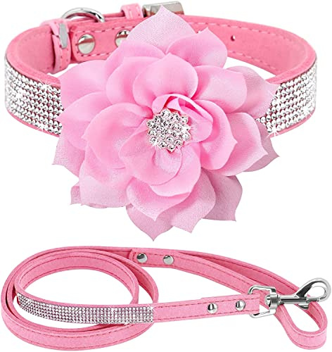 haoyueer Strass-Hundehalsband, niedlich, schillernd, funkelnd, weiches Wildleder, für Hunde und Katzen, Strass, Halsband mit Leine, Kristall, Diamant, Haustier, Welpen, Halsband (S, Pink-6)