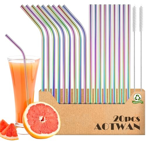 AOTWAN Edelstahl Trinkhalme Bunt Metall Strohhalm Wiederverwendbar - 20 Stück Enthalten: 9 Gerade + 9 Gebogen + 2 Reinigungsbürsten für Cocktails, Smoothies
