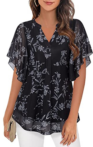 Timeson Blouses for Women Dressy Casual: Short Sleeve Womens Summer Tops Work Business Plus Size Floral Tunic Tops Ladies V Neck Black Shirts Loose Fit Senior Flowy Weekend Everyday Wear Hide Tummy