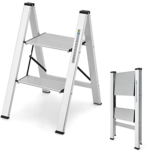 COSTWAY Scala Pieghevole in Alluminio a 2 Gradini, Scaletta Salvaspazio con Fibbia di Sicurezza, Ampi Pedali e Piedini Antiscivolo, Telaio in Alluminio Robusto e Leggero, Portata 150kg