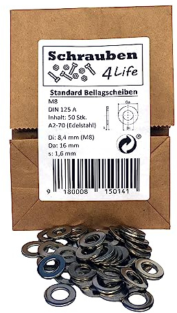 Standard Unterlegscheiben M8 Edelstahl 50Stk. - Plastikfreiverpackt Schrauben4Life - A2-70, DIN125 Edelstahl, Unterlegscheiben für Industrie, Garten und Haus (50, M8)