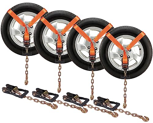 VEVOR Kit de Sangles d'Arrimage pour Jante 4PCs avec Ancrages à Chaîne, Sangles de Pneu Style Lasso 5,08x305 cm, Charge de Travail 2600 kg Résistance à la Rupture 5000 kg avec Cliquet pour Moto Camion