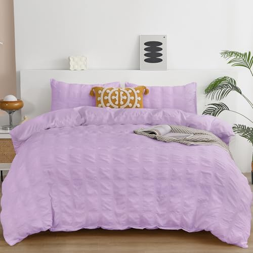 Fondream Set di biancheria da letto con copripiumino viola in seersucker, per letto matrimoniale, con nappe con pompon, testurizzato, con chiusura a cerniera (viola, 200 x 200 cm)