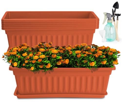 HOXHA 6 Pack 17 Inch Rectangle Plastic Planters with Tray, Rectangular Plant Pots Indoor and Outdoor for Windowsill, Patio, Porch, Garden and Balcony