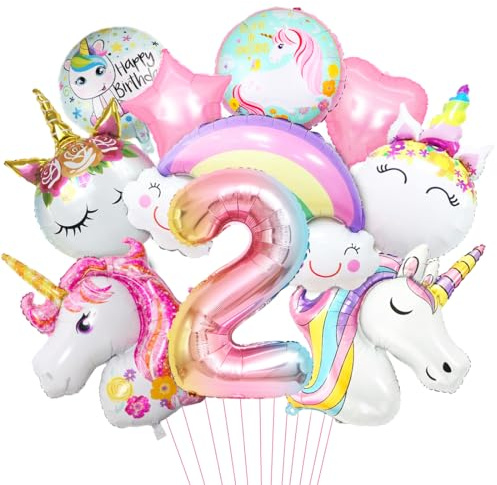 Luftballon Einhorn 2, 3D Folienballon Einhorn, Zahl 2 Folienballon, XXL Unicorn Ballon Set, Luftballon Regenbogen Stern Herz, für Mädchen Geburtstags Festival Party Dekoration