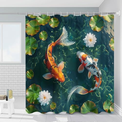 RDRUVA Koi Fish Shower Curtain Japanese Asian Art Bathroom Curtains Colorful Carp Lotus Leaf Pond Oriental Traditional Watercolor Ink Painting Bathtub Decor Include Hooks 70 x 70 in