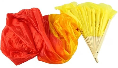GSJNHY Bauchtanz Fan Bunte Lange Seidenfächer for den Bauchtanz, Schleier, handgefertigter Seidenfächer (Color : Yellow Red)