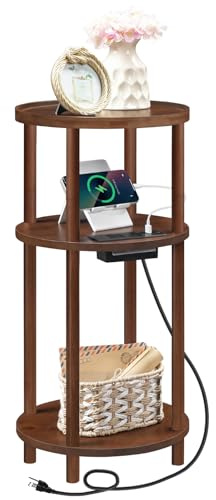 HOOBRO Small Round Side Table with Charging Station, 3-Tier Round Bamboo End Table, Compact Sofa Bedside Table for Small Space, Easy Assembly, for Living Room, Bedroom, Apartment, Mocha MA152UBZ01