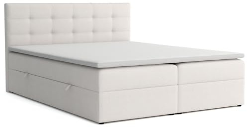Boxspringbett 160x200 mit Bettkasten, Jessa Doppelbett Beige Velourstoff | Bett 160x200, Doppelbett mit Komfortschaumkern-Topper (2 cm) für extra Liegekomfort