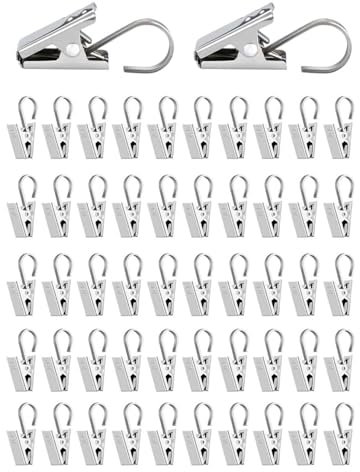 KGDUYC 50 Pezzi Clip per Tendine con Gancio, Multifunzione Antiruggine Clip Tenda in Acciaio Inox con Gancio Stringa, Ganci in Acciaio Inox Doccia per Foto, Bagno, Decorazione Domestica, Argento