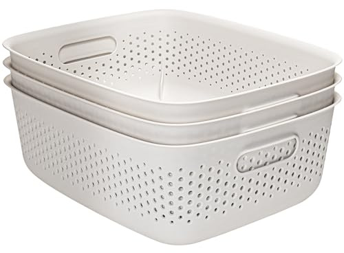 KONZEPT 3er Set Aufbewahrungsbox 10l, Aufbewahrungskorb aus Kunststoff mit Griff, perforierte, weiß Boxen zur Aufbewahrung