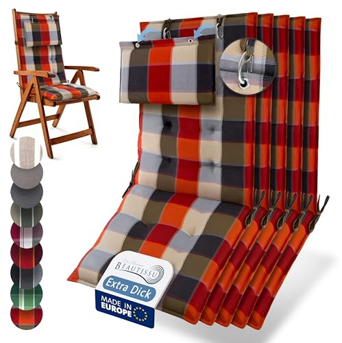Beautissu 5er Set Premium Hochlehner Auflage Kopfpolster rutschfest Stoff | 120x50cm 8cm dick Orange Beige kariert robuster UV-Lichtechtheit 5 Gartenstuhlauflage Polster Befestigungsbänder Sun-HL