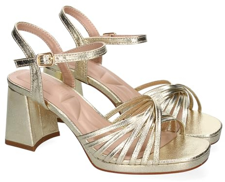 shoes&blues.es 90517 Sandalia de Tacon Ancho para Mujer, Comodo, Pala con Tiras Enredadas, y Cierre de Hebilla, Ideales para Primavera-Verano. Oro Talla 39
