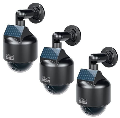 BASI Lot de 3 caméras solaires factice avec lumière LED clignotante | Caméra dôme | Caméra factice | Caméra de surveillance pour l'intérieur et l'extérieur protégé | Panneau solaire | Support à 360 °
