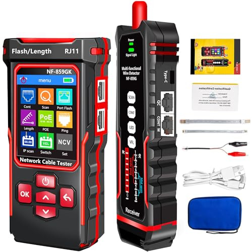 NF-859GK Network Cable Tester with IP Scan/PING/POE/RJ45/RJ11 Cable Audio Tracker, TDR Multifunction for CAT3/CAT5/CAT6/CAT7, Telephone Lines, Ethernet, and Fiber Continuity Testing, LAN Network Tool
