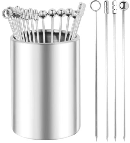 Yindhgdr Lot de 20 pics à cocktail en métal de 10,9 cm + kit de support, cure-dents à cocktail en acier inoxydable 304, brochettes à cocktail réutilisables