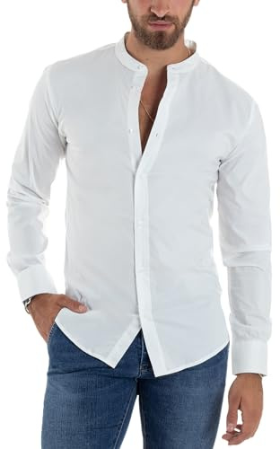 Giosal Camicia Uomo Collo Coreano Maniche Lunghe Slim Fit Basic Casual Cotone Vari Colori (IT, Testo, S, Regular, Regular, Bianco)
