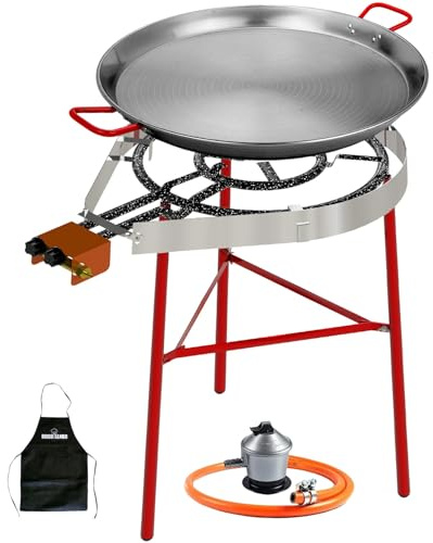 Bricolemar Kit paellero gas 50 cm con paellera 55 cm y soporte reforzado – set completo con paravientos KABRA, regulador y manguera para paellas hasta 16 personas