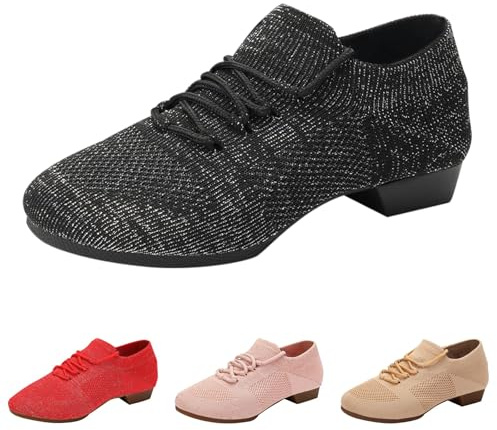 Womens Fabric Ballet Pumps Shoes Salsa Tango Footwear Hollow Out Trainer Slip On Elastic Heels for Ladies UK Tap Dance Shoes for Kids Adult Girls (Black, 4)