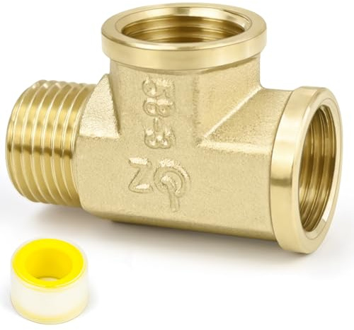 FLEXNOVA T Stück 1/2 Zoll Messing Rohr mit Gewindedichtband und Dichtring, T-Stück G1/2(Ø20mm) AGxIGxIG DN15 für Wasseranschluss Verteiler Trinkwasser Geeignet Sanitär Bad Klimaanlage