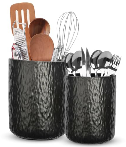 wishfly Soporte Para Utensilios de Cocina , Soporte de Cerámica Para la encimera, Para Guardar Utensilios de Cocina, 2 Soportes Para Espátulas, Cucharas y Tenedores (Rayas Negras)