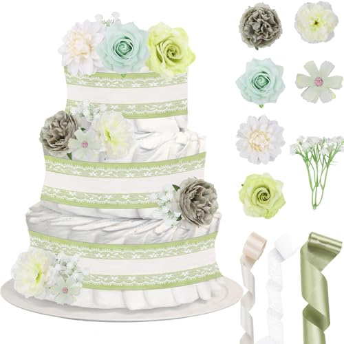 Cheerupp Pea Green Floral Theme Diaper Cake Decorations for Baby Shower Party, White Lace Ivory Cream Sage Green Ribbons Artificial Flowers Floral Stems Decor for Baby Shower Birthday Party Supplies