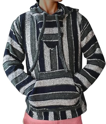 Zanisouta Jersey para hombre mexicano, sudadera vintage a rayas, chaqueta hippie, camisa informal con capucha, estilo étnico, jersey ajustado, parte superior Y2K Streetwear