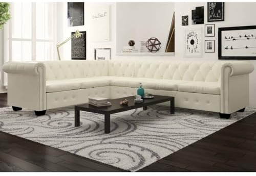 YuuSsea Chesterfield Ecksofa 6-Sitzer, Weißes Kunstleder, Holzrahmen, 260x205x73cm, Elegantes Loungesofa für Wohnzimmer, Büro und Zuhause