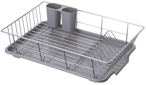 Satargo Dish Drainer Rack, Stainless Steel Kitchen Dish Dryer Rack, 48 x 30 x 11 cm, with Drip Tray and Cutlery Holder