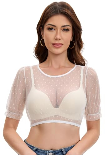 Trachtland Camicia Dirndl Donna Maniche Corte Tradizionale Oktoberfest Trasparente con Collo Rotondo Bottoni e Pois Bianca Taglie 34-44 (DE/NL/SE/PL, Numerico, 42, Regular, Regular, Bianco)