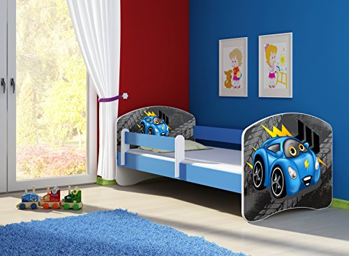 CLAMARO 'Fantasia Blau' 160 x 80 Kinderbett Set inkl. Matratze und Lattenrost, mit verstellbarem Rausfallschutz und Kantenschutzleisten, Design: 04 Rennwagen Blau