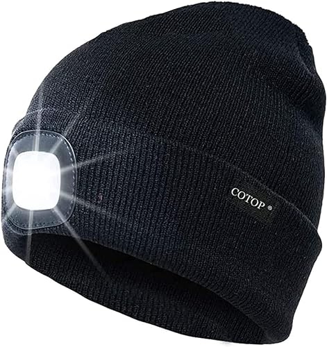COTOP Mütze mit licht, Herren Wintermütze led, Weich Laufmütze Damen, Unisex Strickmütze für Angler, Geschenke Männer für Ski, Snowboard, Hut für Camping, Joggen(Schwarz)