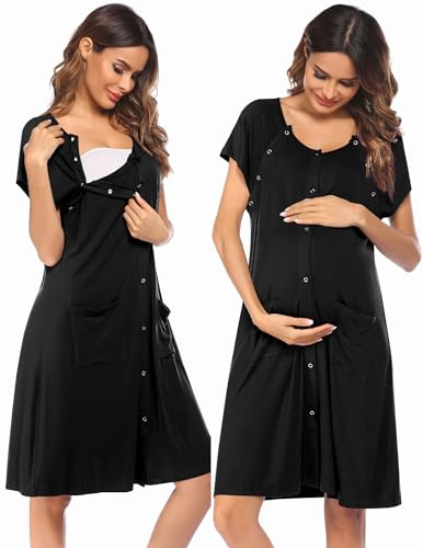 Ekouaer 3 in 1 Labor/Delivery/Hospital Gown Nursing Dress Maternity Nightgown Sleepwear for Breastfeeding with Button S-XXL A-black