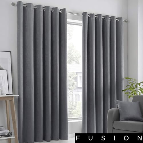 Fusion Strata Woven Eyelet Lined Curtains, Charcoal, 66 x 54 Inch