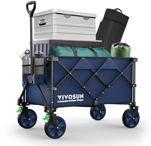 VIVOSUN 200L Chariot de Camping Pliable, XXL Wagon Pliant à roulettes Robuste Capacité de 136kg avec 360°Roues Universelles et Poignée Réglable pour Jardin Plage Camping Pique-Nique BBQ Match, Bleu